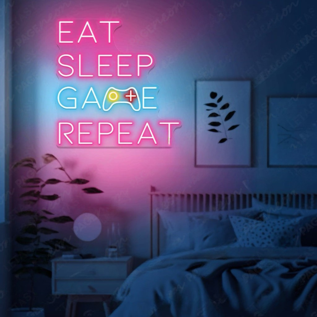 Eat Sleep Game Repeat LED neon sign by Neon.Shop glowing in a gaming room as bold gamer neon décor