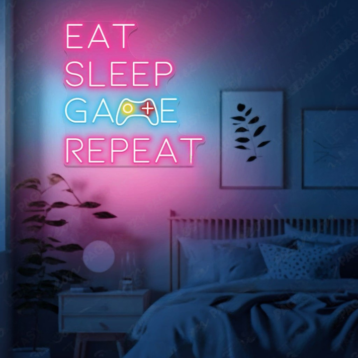 Eat Sleep Game Repeat LED neon sign by Neon.Shop glowing in a gaming room as bold gamer neon décor