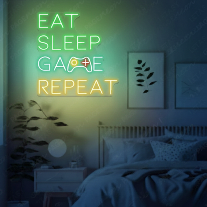 Eat Sleep Game Repeat LED neon sign by Neon.Shop glowing in a gaming room as bold gamer neon décor