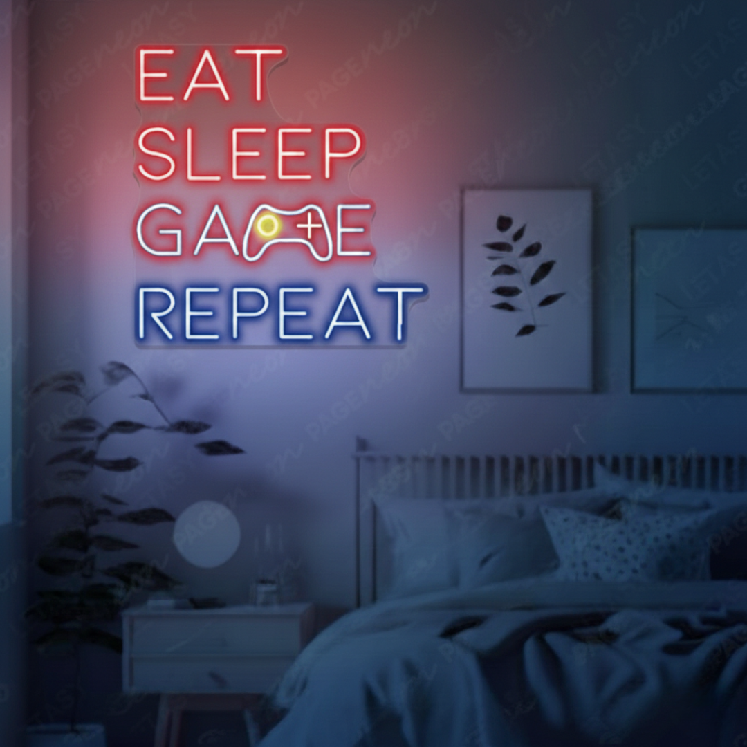 Eat Sleep Game Repeat LED neon sign by Neon.Shop glowing in a gaming room as bold gamer neon décor