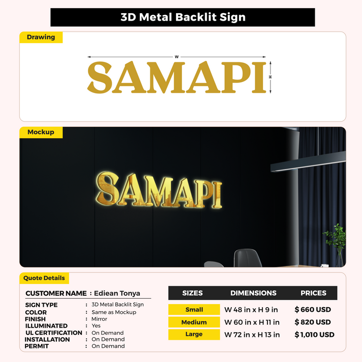 3D Metal Backlit Sign For Ediean Tonya
