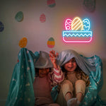 Egg Basket LED Neon Sign with colorful Easter eggs glowing decorative light by Neon.shop