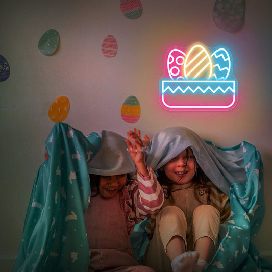 Egg Basket LED Neon Sign with colorful Easter eggs glowing decorative light by Neon.shop