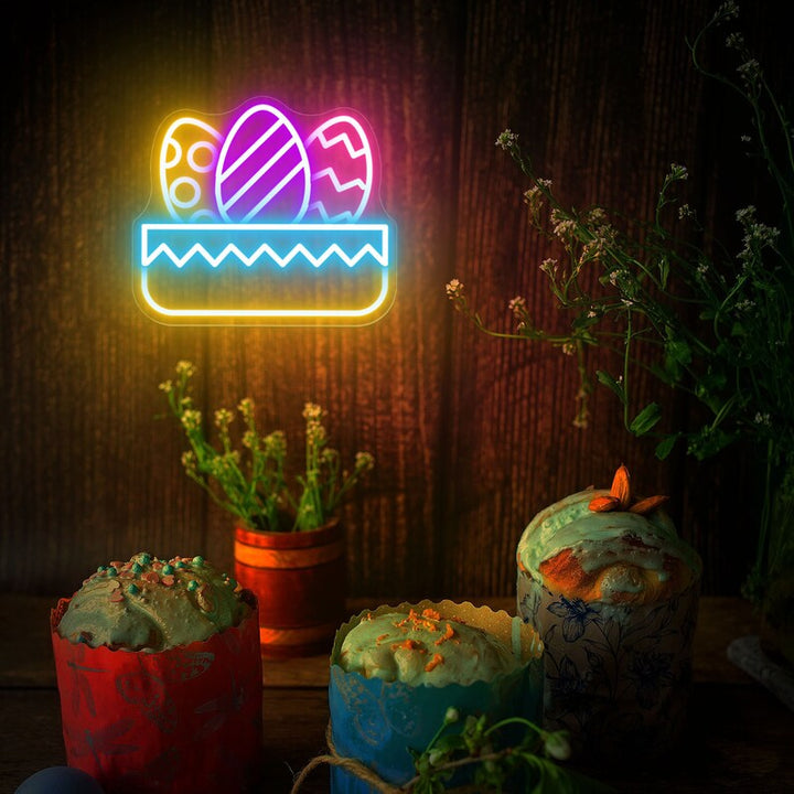 Egg Basket LED Neon Sign with colorful Easter eggs glowing decorative light by Neon.shop