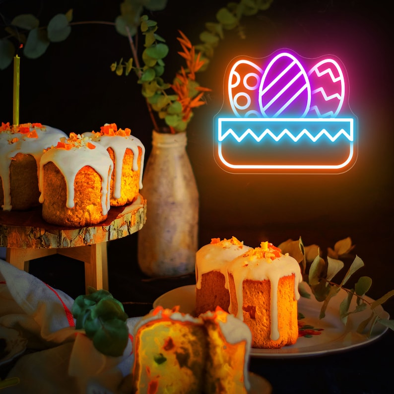 Egg Basket LED Neon Sign with colorful Easter eggs glowing decorative light by Neon.shop