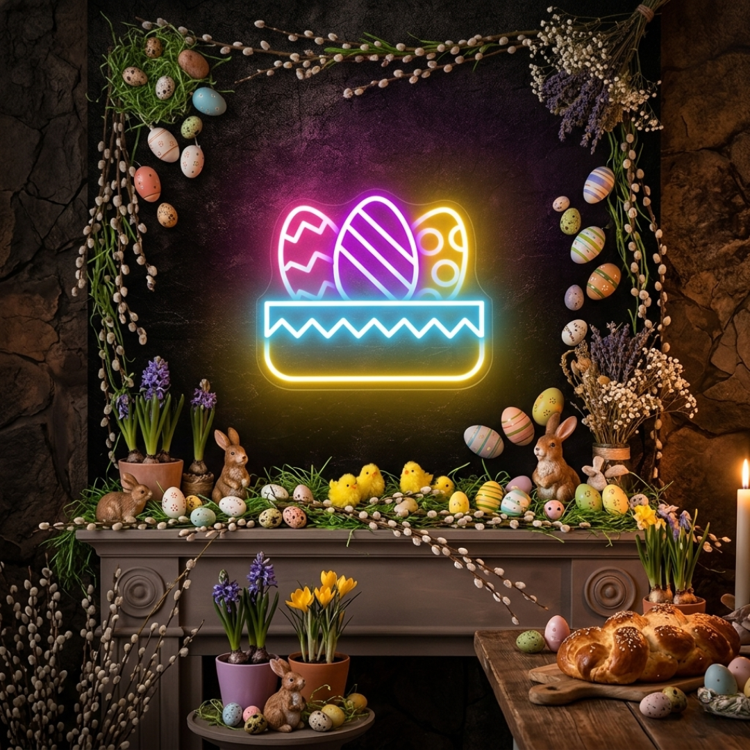 Egg Basket LED Neon Sign with colorful Easter eggs glowing decorative light by Neon.shop