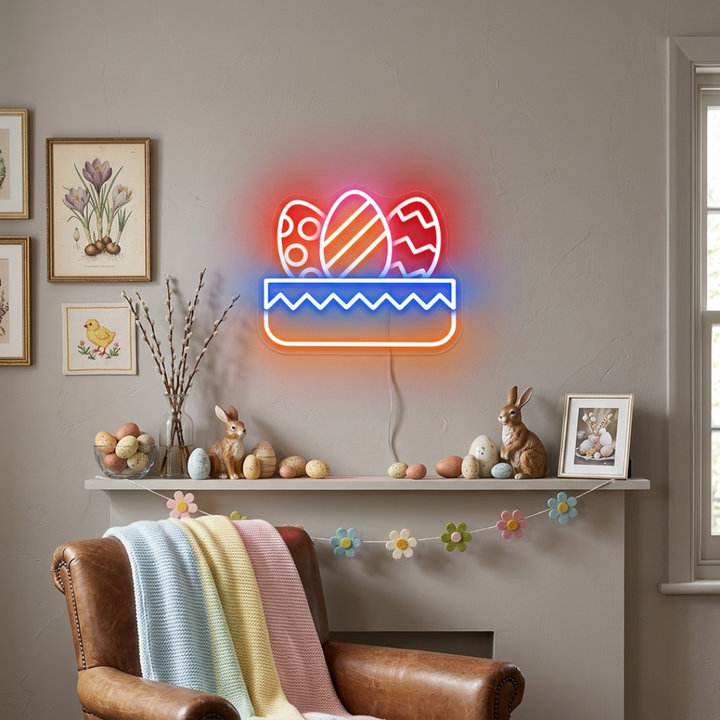 Egg Basket LED Neon Sign with colorful Easter eggs glowing decorative light by Neon.shop