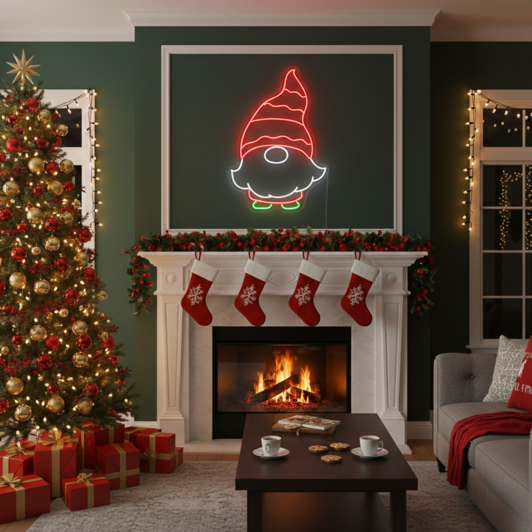 Elf Santa Merry Christmas LED neon sign featuring Santa dressed as an elf by Neon.Shop.