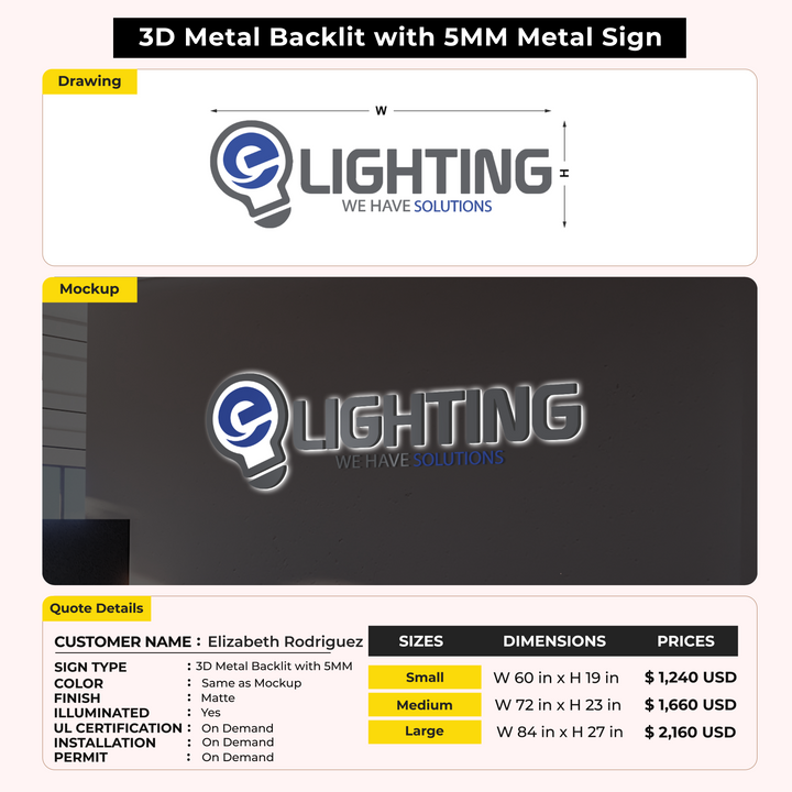 3D Metal Backlit Sign + 5mm for Elizabeth Rodriguez