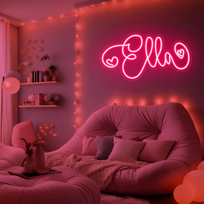 ELLA LED Neon Name Sign by Neon.Shop adding vibrant LED glow to bedrooms, home offices, and living spaces.