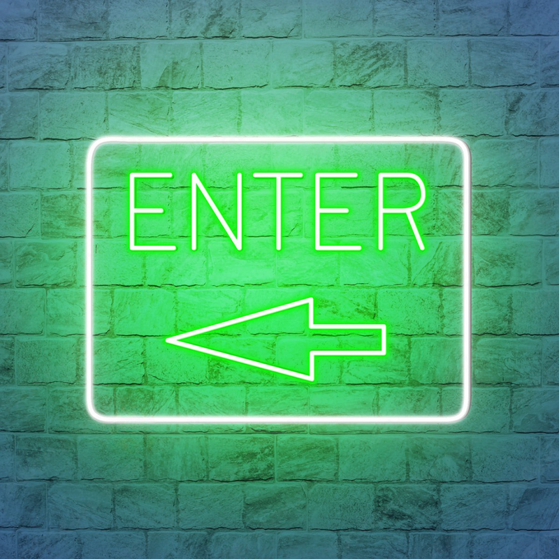 Enter with Arrow Business Neon Sign by Neon.Shop adding visibility and style to store, café, or office entrances