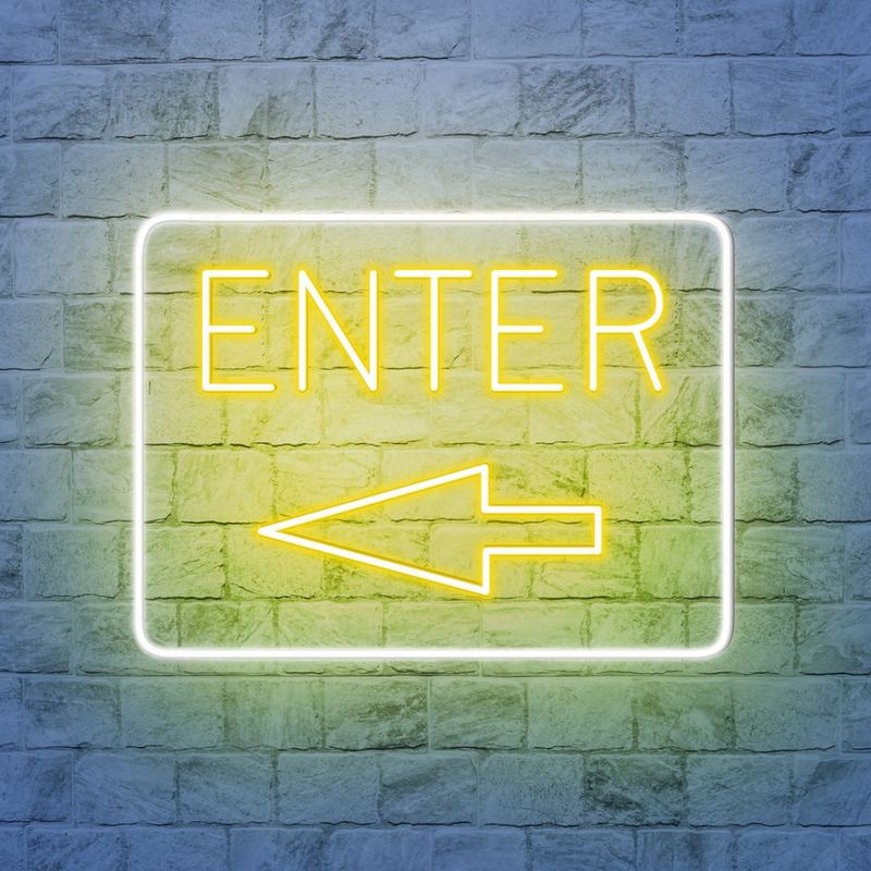 Enter with Arrow Business Neon Sign by Neon.Shop adding visibility and style to store, café, or office entrances