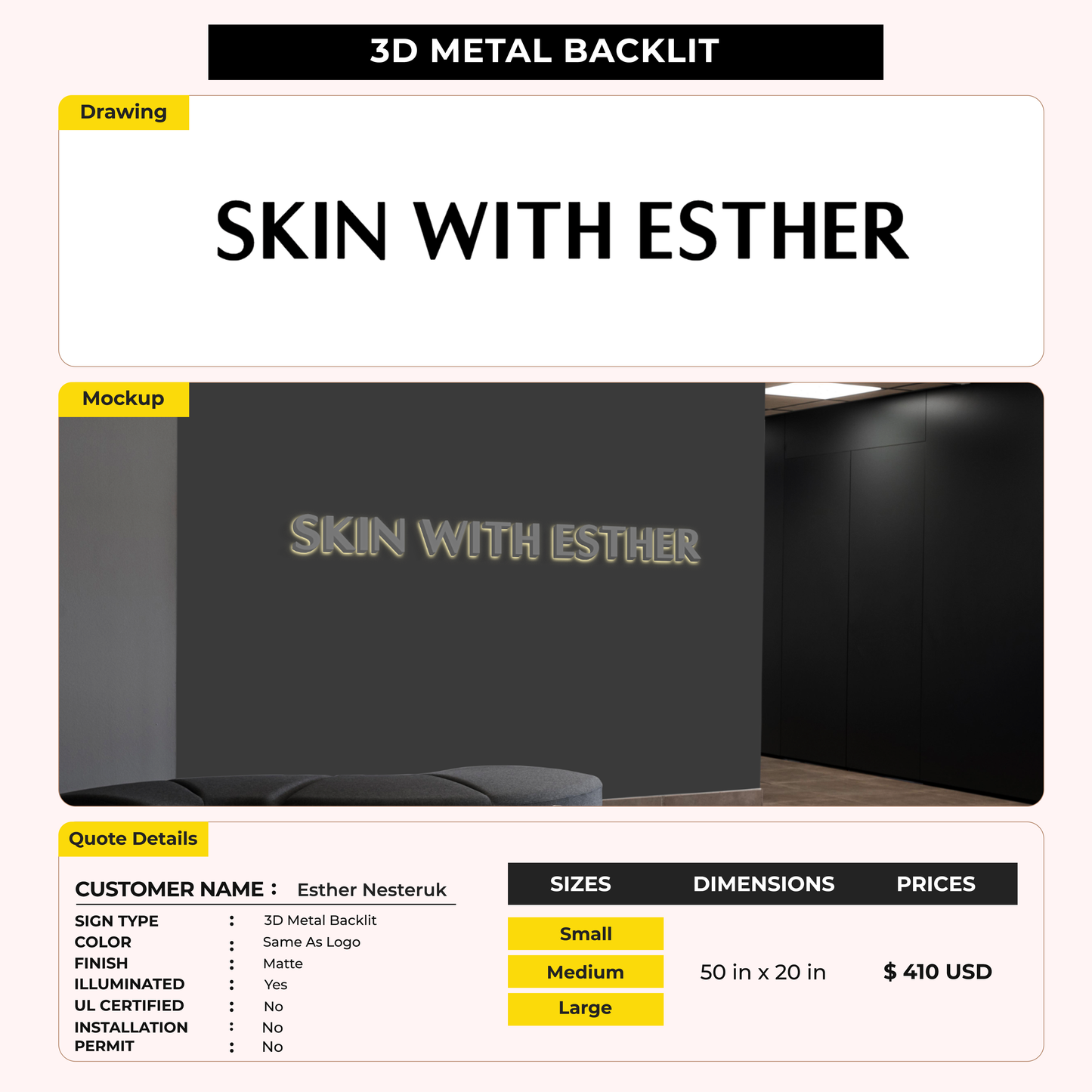 3d metal backlit for Esther Nesteruk