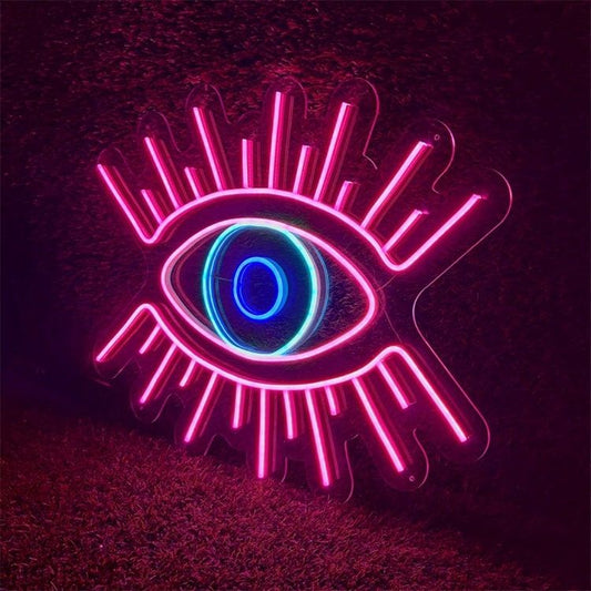 Evil Eye LED neon sign by Neon.Shop glowing on a wall as modern, protective, and stylish neon décor
