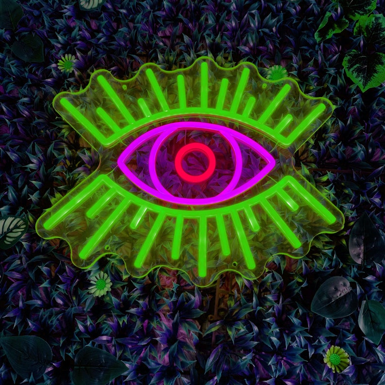 Evil Eye LED neon sign by Neon.Shop glowing on a wall as modern, protective, and stylish neon décor