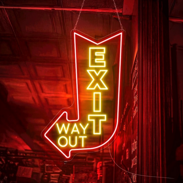 Exit Way Out with Arrow Neon Sign