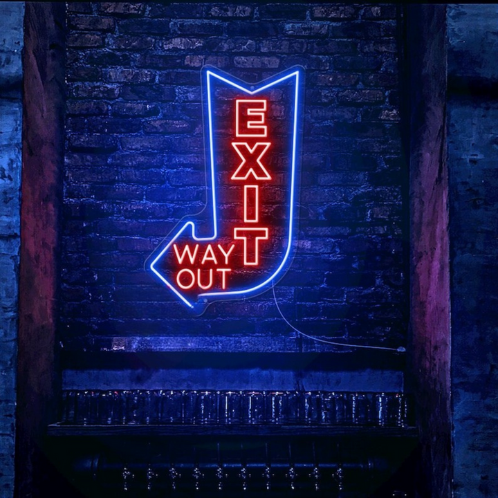 Exit Way Out with Arrow Neon Sign