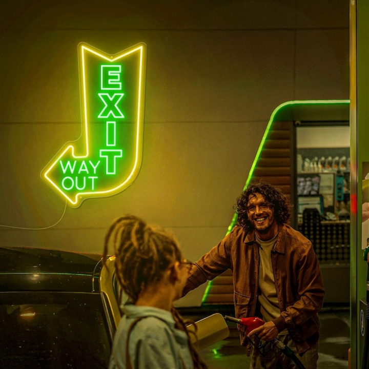 Exit Way Out with Arrow Neon Sign