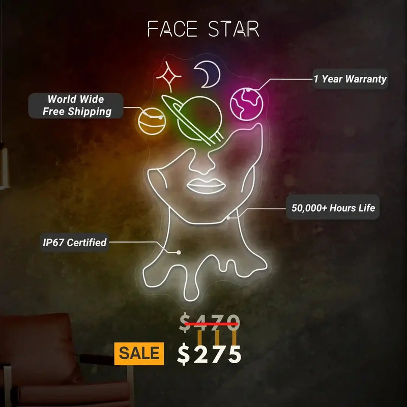 Face Star Neon Artwork | Illuminate Your Space with Brilliance