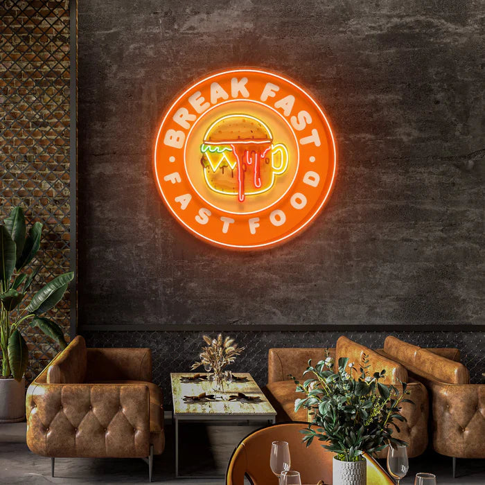 Fast Food Hamburger And Coffee UV Art LED neon sign with colorful burger and coffee illustration glowing in vibrant colors by Neon.Shop