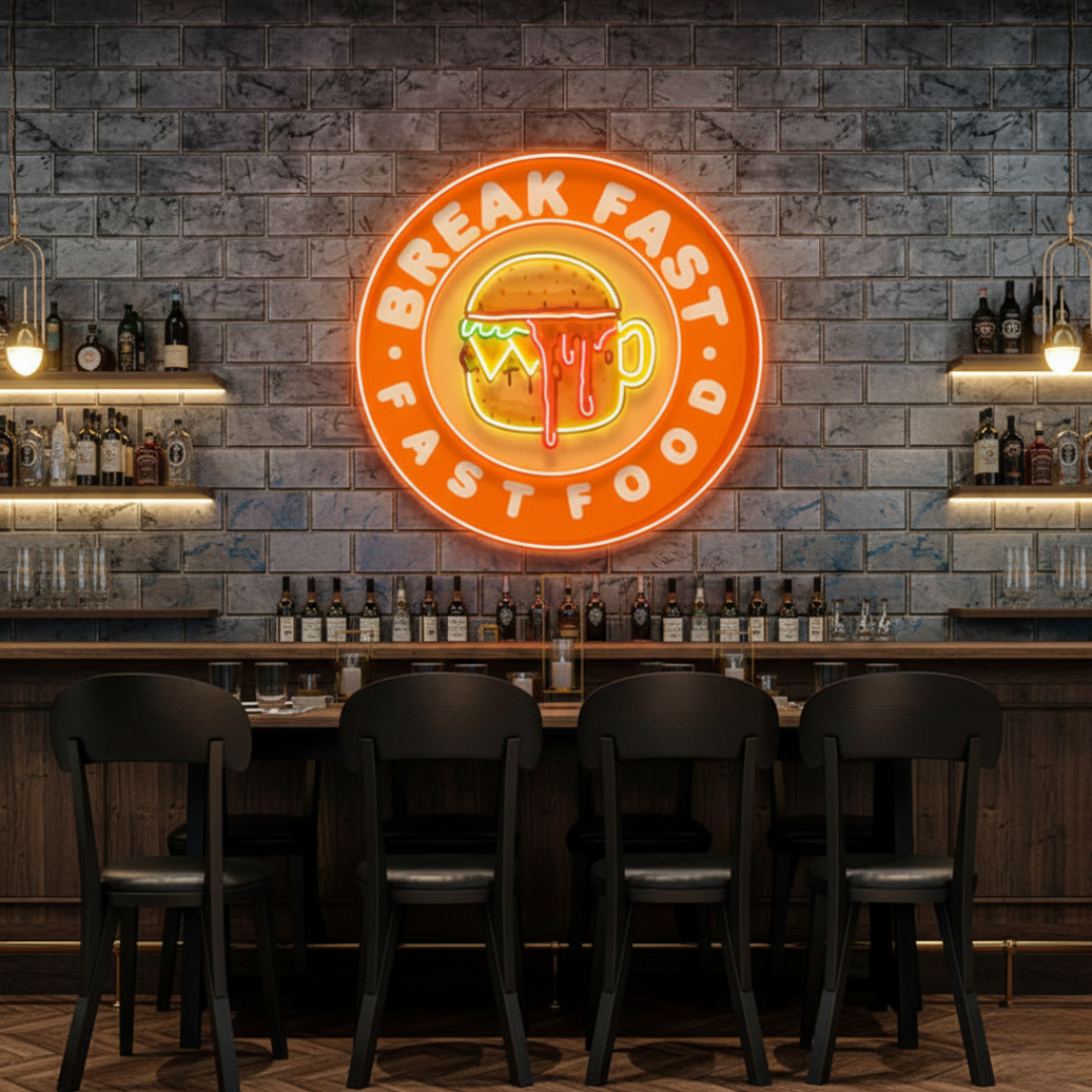 Fast Food Hamburger And Coffee UV Art LED neon sign with colorful burger and coffee illustration glowing in vibrant colors by Neon.Shop