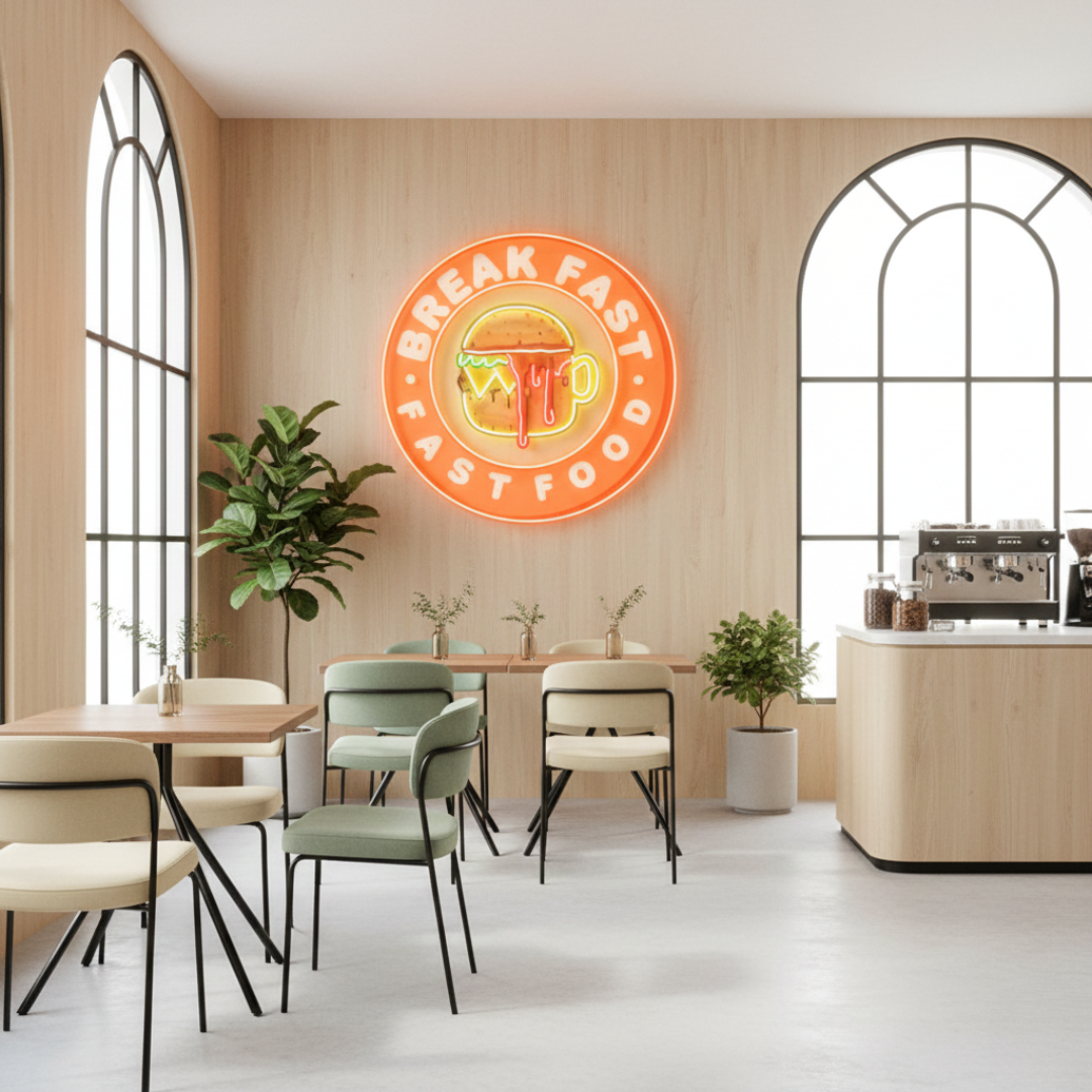 Fast Food Hamburger And Coffee UV Art LED neon sign with colorful burger and coffee illustration glowing in vibrant colors by Neon.Shop