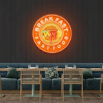 Fast Food Hamburger And Coffee UV Art LED neon sign with colorful burger and coffee illustration glowing in vibrant colors by Neon.Shop