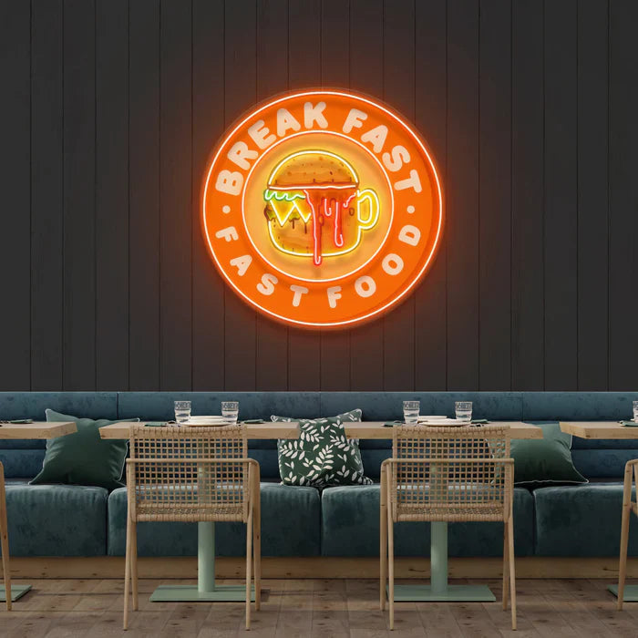 Fast Food Hamburger And Coffee UV Art LED neon sign with colorful burger and coffee illustration glowing in vibrant colors by Neon.Shop