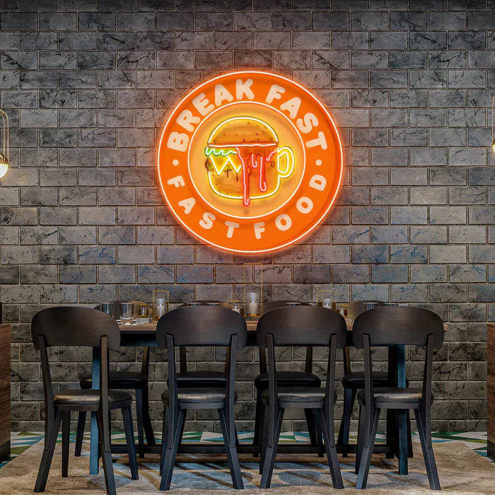 Fast Food Hamburger And Coffee UV Art LED neon sign with colorful burger and coffee illustration glowing in vibrant colors by Neon.Shop