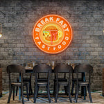 Fast Food Hamburger And Coffee UV Art LED neon sign with colorful burger and coffee illustration glowing in vibrant colors by Neon.Shop