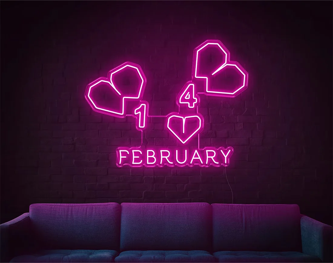 February” Valentine’s Day LED neon sign glowing in warm pink and red tones, perfect for love-themed décor by Neon.Shop