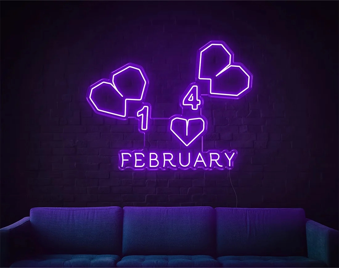 February” Valentine’s Day LED neon sign glowing in warm pink and red tones, perfect for love-themed décor by Neon.Shop