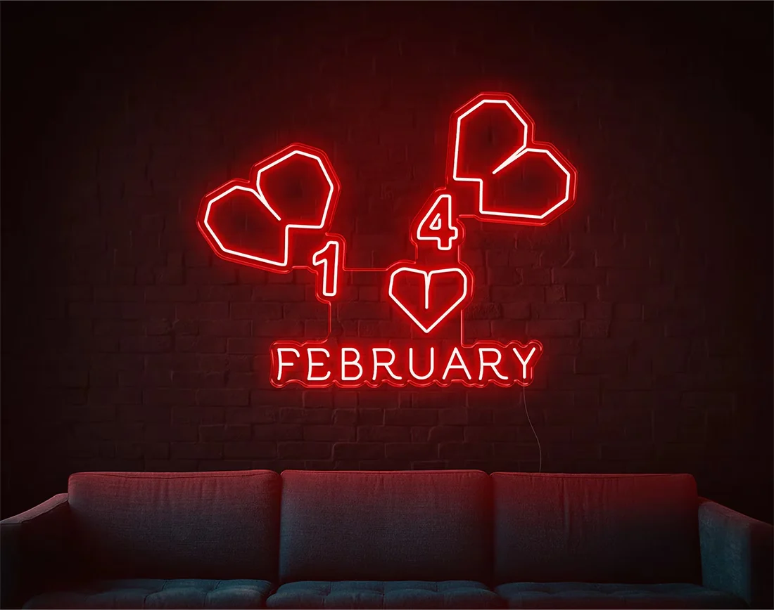 February” Valentine’s Day LED neon sign glowing in warm pink and red tones, perfect for love-themed décor by Neon.Shop