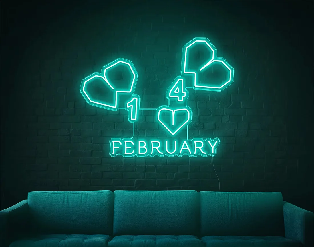 February” Valentine’s Day LED neon sign glowing in warm pink and red tones, perfect for love-themed décor by Neon.Shop