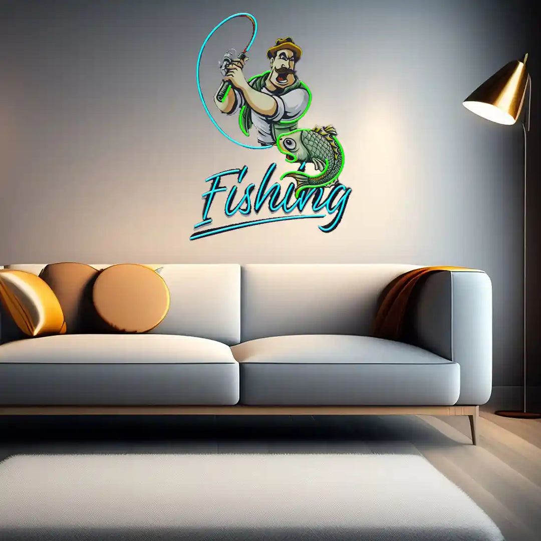 Ferocious Fisherman UV Art LED Neon Sign in green and blue colour by manhattanneons.com