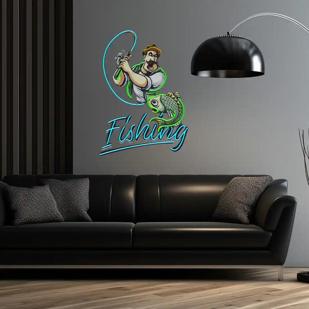 Ferocious Fisherman UV Art LED Neon Sign in green and blue colour by manhattanneons.com