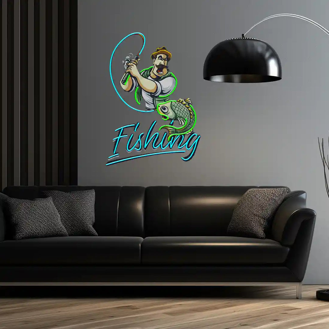 Ferocious Fisherman UV Art LED Neon Sign in green and blue colour by manhattanneons.com