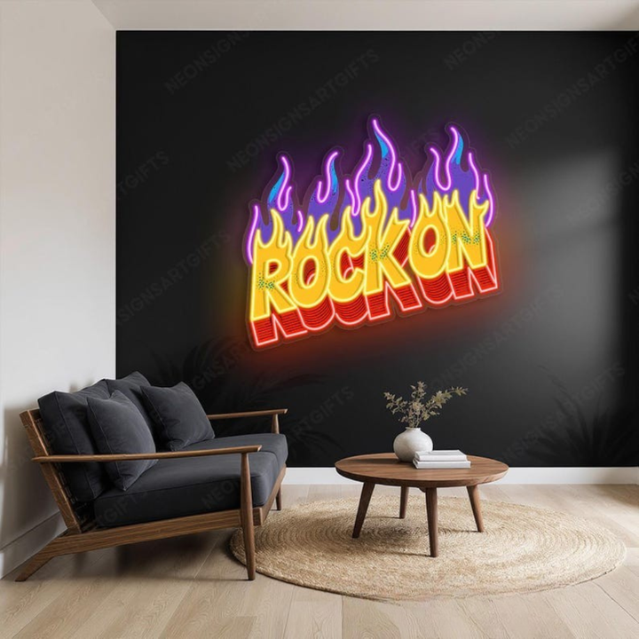 Flaming Rock On UV printed LED neon sign by Neon.Shop glowing on a wall as bold music-inspired neon décor