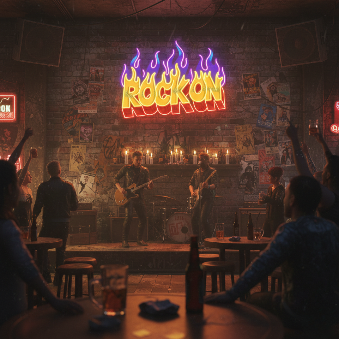 Flaming Rock On UV printed LED neon sign by Neon.Shop glowing on a wall as bold music-inspired neon décor