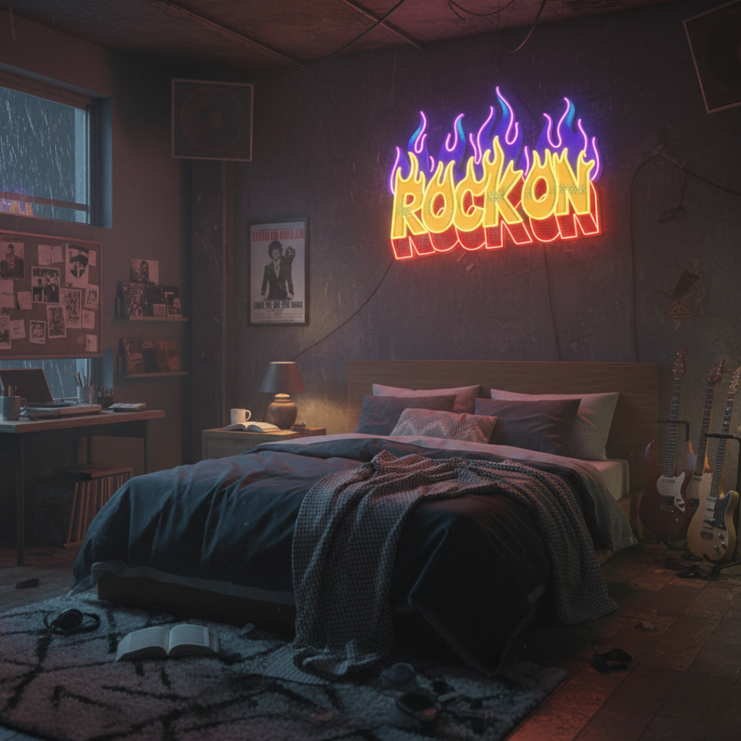 Flaming Rock On UV printed LED neon sign by Neon.Shop glowing on a wall as bold music-inspired neon décor