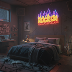 Flaming Rock On UV printed LED neon sign by Neon.Shop glowing on a wall as bold music-inspired neon décor
