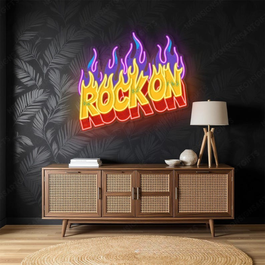Flaming Rock On UV printed LED neon sign by Neon.Shop glowing on a wall as bold music-inspired neon décor