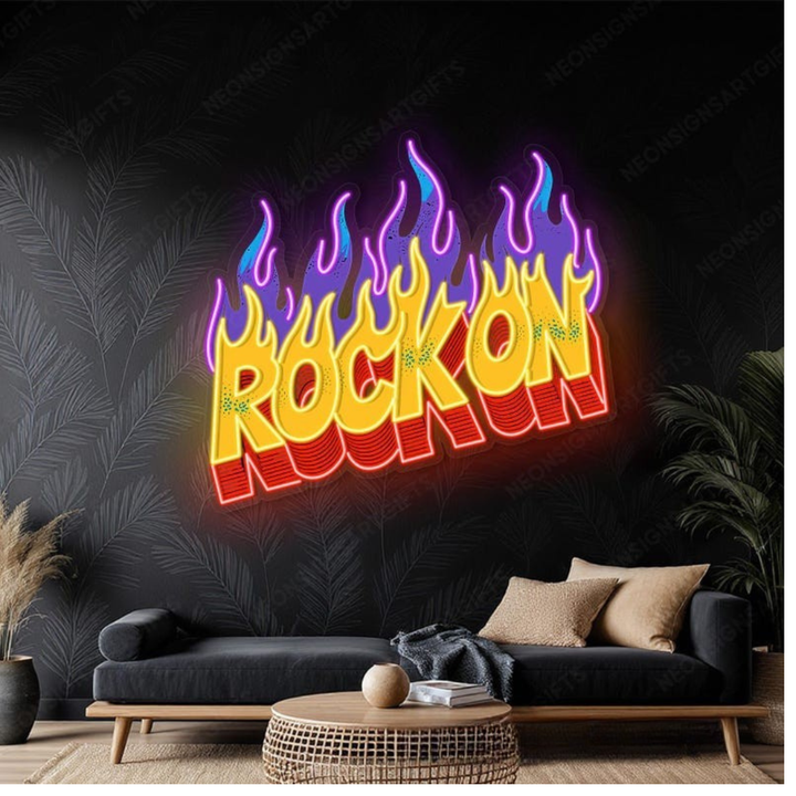 Flaming Rock On UV printed LED neon sign by Neon.Shop glowing on a wall as bold music-inspired neon décor