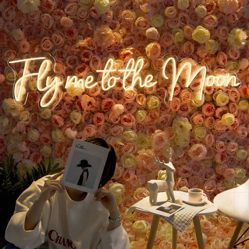 Fly Me to the Moon wedding LED neon sign glowing on backdrop – Neon.Shop