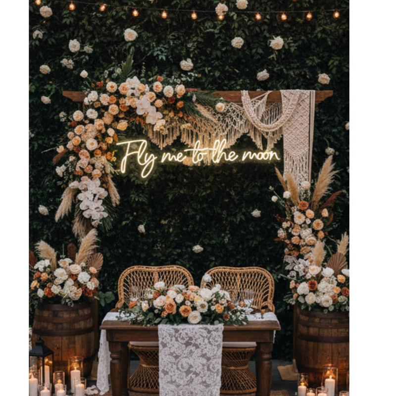 Fly Me to the Moon wedding LED neon sign glowing on backdrop – Neon.Shop