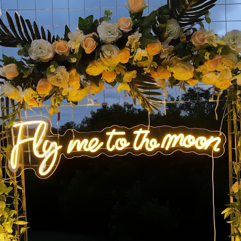 Fly Me to the Moon wedding LED neon sign glowing on backdrop – Neon.Shop