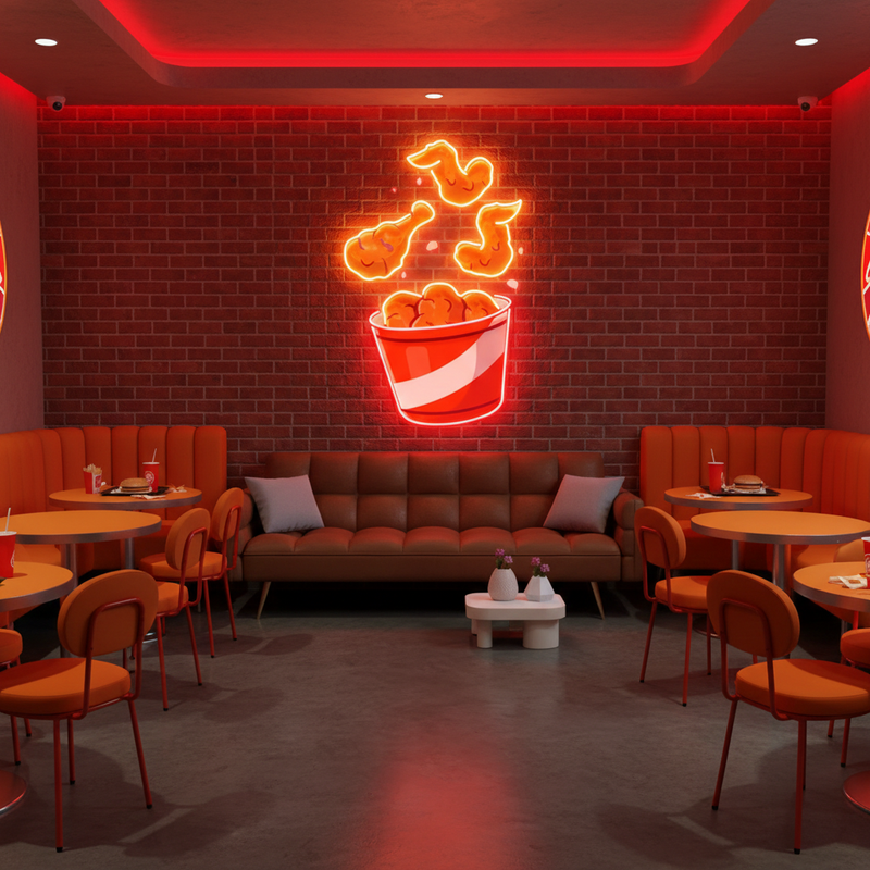 Flying Fried Chicken UV Art LED Neon Sign with colorful UV art glow, food-themed LED wall décor by Neon.Shop