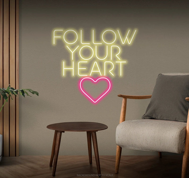 Follow Your Heart” neon sign glowing on a wall, motivational quote décor for bedroom or office by Neon.Shop.