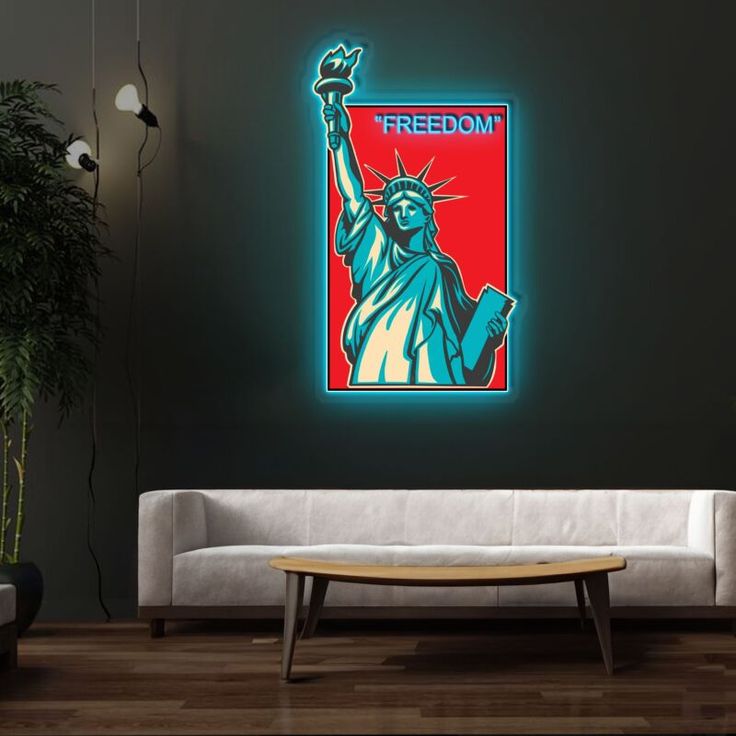Freedom UV Art LED Neon Sign glowing with vibrant UV art, empowering LED wall décor by Neon.Shop