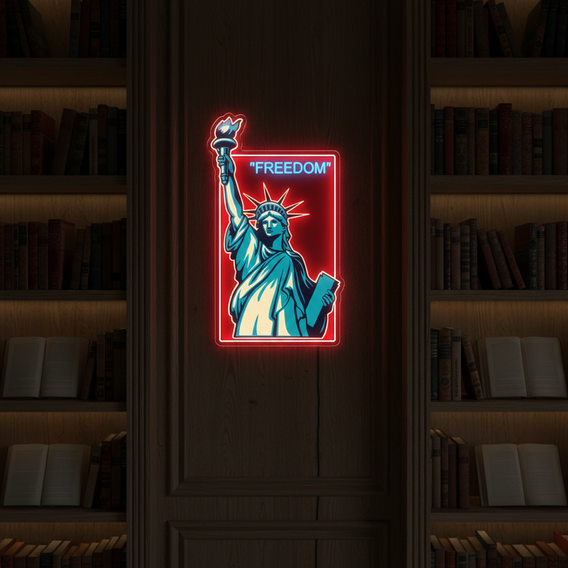 Freedom UV Art LED Neon Sign glowing with vibrant UV art, empowering LED wall décor by Neon.Shop